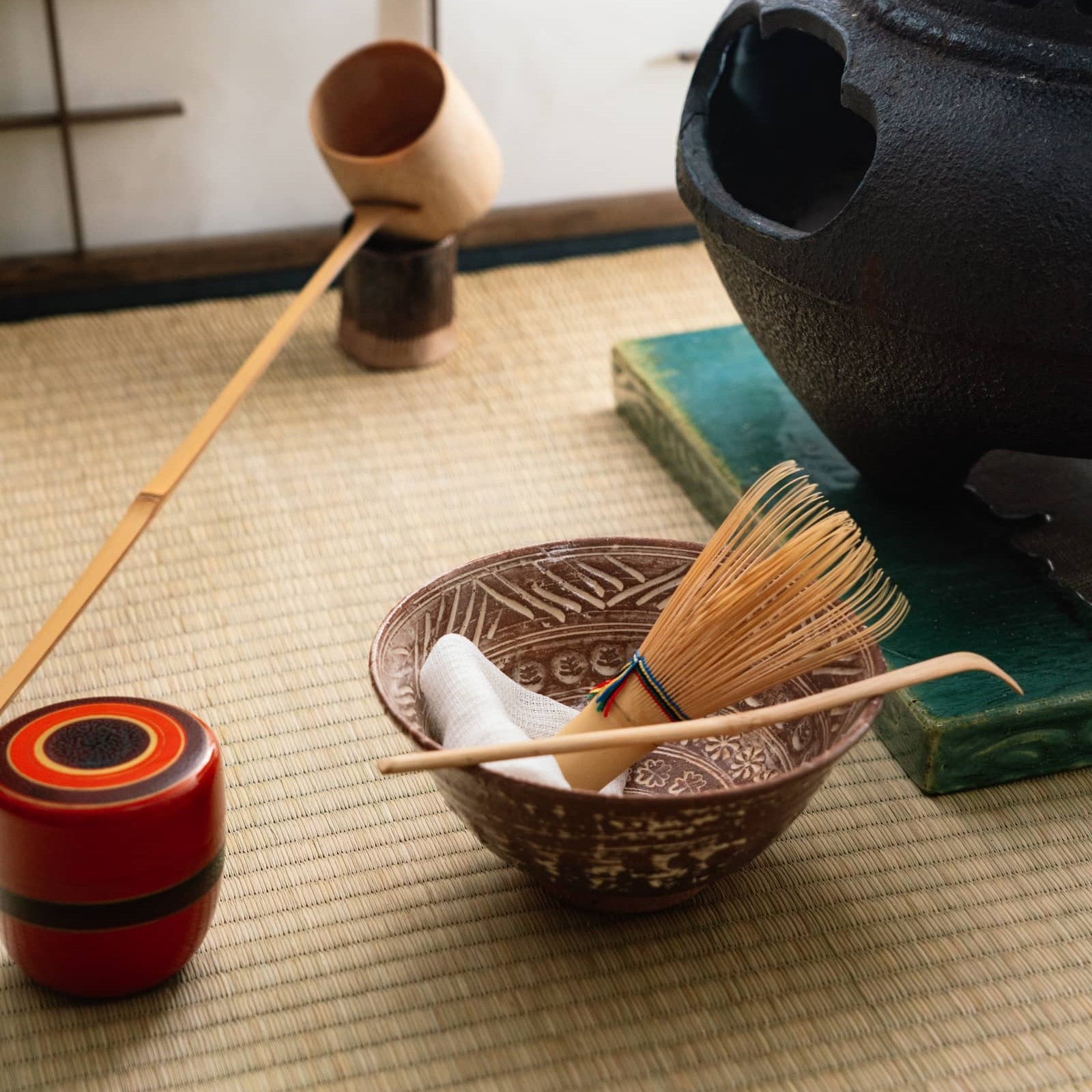 Japanese ceramic matcha set with a natural bamboo whisk