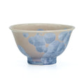Icy Blue Hanakessho Crystal Glaze Yunomi - 150ml - front view of the cup with icy blue crystals on warm beige glaze