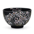 Black Weeping Sakura Chawan - front view of the matte black matcha bowl with hand-painted white cherry blossoms
