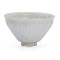 Silvery White Hanakessho Crystal Glaze Tenmoku Chawan - front view of the tenmoku-shaped bowl with silvery white crystal glaze