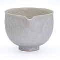 Silvery White Hanakessho Crystal Glaze Spouted Matcha Bowl - front view showing the pouring spout