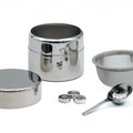 Mini Kondo-style Matcha Sifter Canister - the full stainless steel set disassembled, showing the base, sifter basket, washers, lid, and scoop