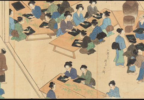 A vintage Japanese woodblock-style illustration depicting Edo-era figures processing and handling tea.