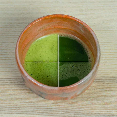 Overhead view of a red-clay matcha bowl whose surface is divided into four quadrants showing different usucha foam textures.