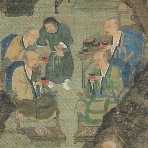 A classical East Asian ink painting depicting robed figures preparing and grinding tea.
