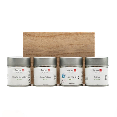 Four Tezumi matcha with a wooden gift box