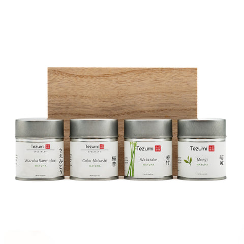 Four Tezumi matcha with a wooden gift box