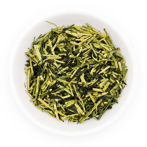 Karigane Green tea leaves on a white background