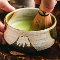 A hand whisking prepared matcha with a bamboo chasen in a Mount Fuji-decorated tea bowl.