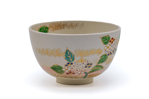Tezumi — Japanese Matcha Bowl - Floral Kyo-yaki Chawan — front view from another angle