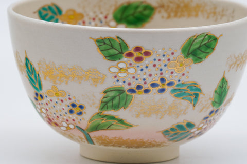 Tezumi — Japanese Matcha Bowl - Floral Kyo-yaki Chawan — closeup of the glaze