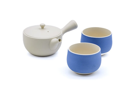 White Tokoname Teapot with Pair of Matte Blue Teacups