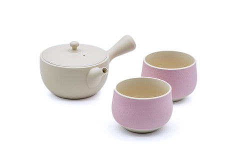 White Tokoname Teapot with Pair of Matte Pink Teacups