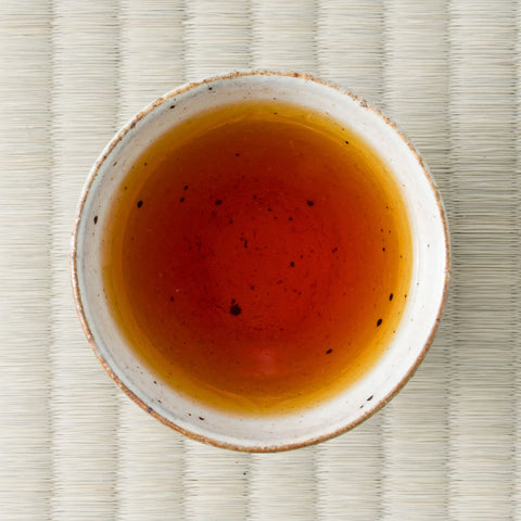 Honyama Koushun wakoucha brewed to a clear amber-red liquor in a white ceramic cup, seen from above on tatami