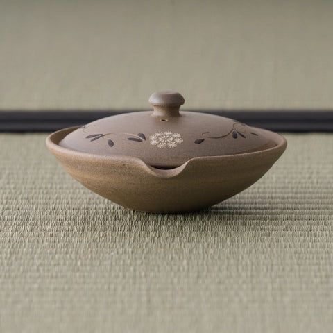 Pale beige unglazed shiboridashi handleless teapot with a domed lid, front view on tatami