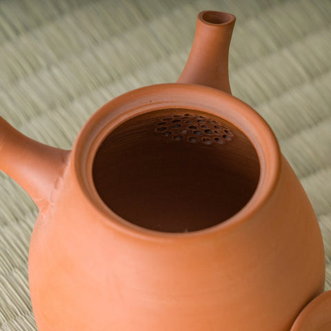 Close-up into the kyusu interior showing the reddish clay and strainer