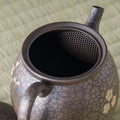 Close-up into the teapot interior showing the fine ceramic mesh strainer