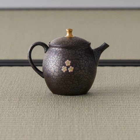 Side view of the dark teapot showing the spout, handle and rounded body