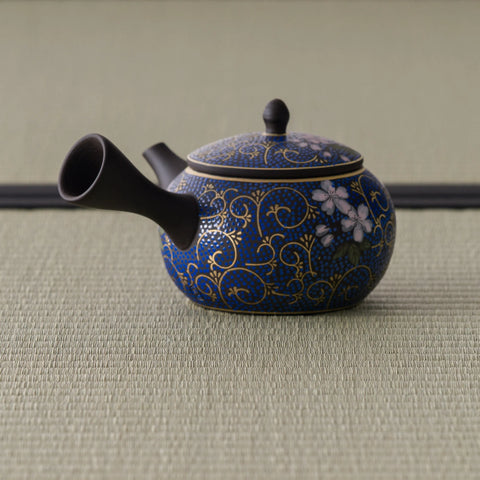 Blue-floral kyusu with the spout angled to the left