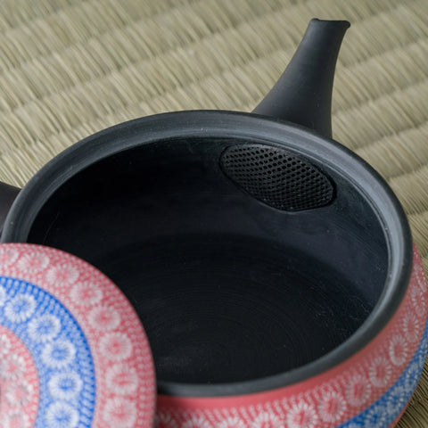 Close-up into the kyusu interior showing the dark glaze and strainer