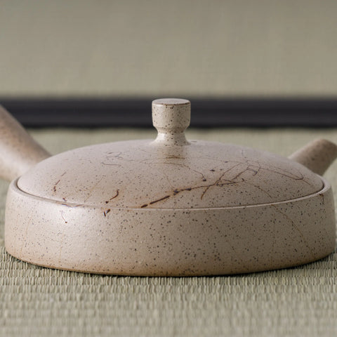 Close-up from above of the kyusu lid showing the thin brushed-line pattern