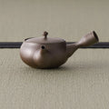 Smooth reddish-brown shudei side-handle kyusu, spout to the left on tatami