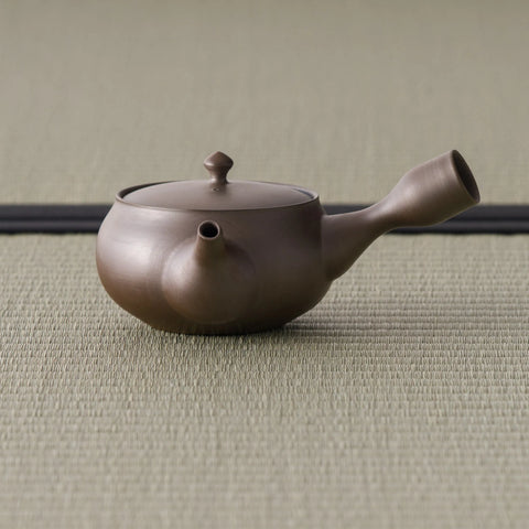 Smooth reddish-brown shudei side-handle kyusu, spout to the left on tatami