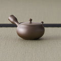 Reddish-brown kyusu with the side handle angled toward the viewer