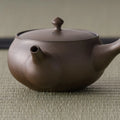 Side profile of the smooth reddish-brown kyusu with the spout to the right