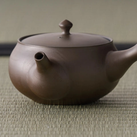 Side profile of the smooth reddish-brown kyusu with the spout to the right