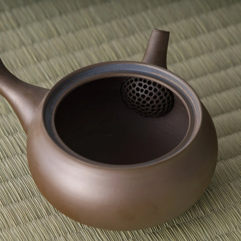 Close-up into the kyusu interior showing the built-in mesh strainer