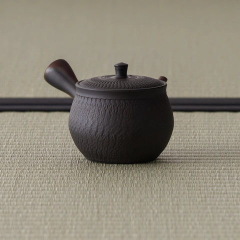 Rear three-quarter of the carved kyusu showing the hollow side handle and textured body