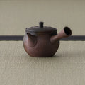 Dark reddish-brown tokoname side-handle kyusu with finely chattered texture, lid on, spout to the right