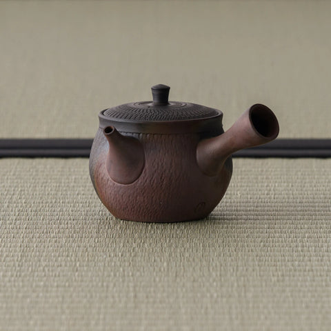 Dark reddish-brown tokoname side-handle kyusu with finely chattered texture, lid on, spout to the right