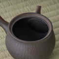 Close-up into the kyusu interior showing the fine ceramic mesh strainer