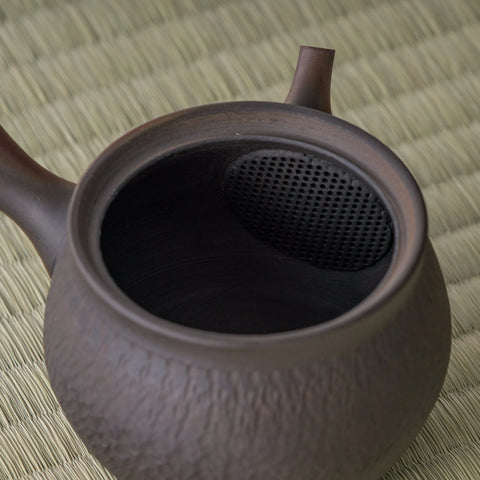 Close-up into the kyusu interior showing the fine ceramic mesh strainer