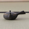 Low wide dark kyusu teapot with a carved oval band and side handle, viewed slightly from above.