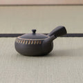 Dark stoneware kyusu teapot with a carved oval band, side view showing the spout.