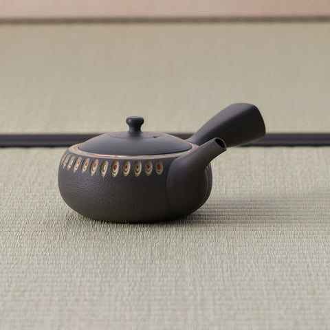 Dark stoneware kyusu teapot with a carved oval band, side view showing the spout.