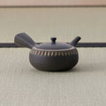 Dark stoneware kyusu teapot with a side handle and a band of carved oval motifs, side view.
