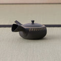 Low wide dark kyusu teapot with a side handle and carved oval band, side view on a tatami mat.
