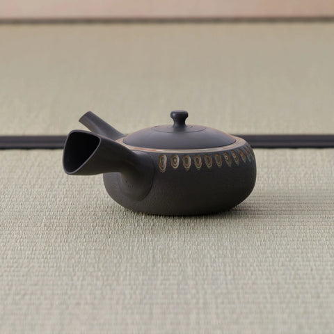 Low wide dark kyusu teapot with a side handle and carved oval band, side view on a tatami mat.