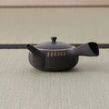 Small dark clay kyusu teapot with a side handle and carved oval band, side view.
