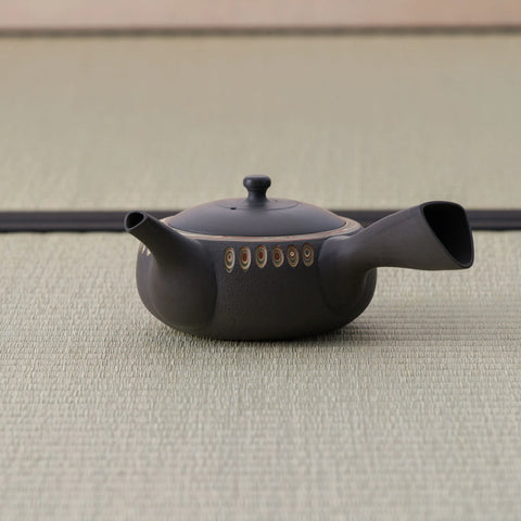 Small dark clay kyusu teapot with a side handle and carved oval band, side view.