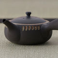 Dark brown kyusu teapot with a side handle and carved oval band, close side view.