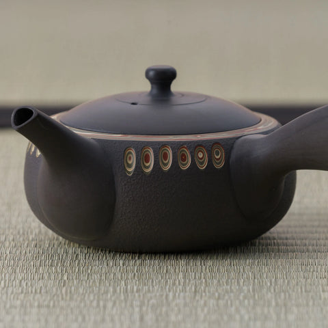 Dark brown kyusu teapot with a side handle and carved oval band, close side view.