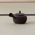 Dark brown kyusu teapot with a carved body and side handle, side view on a tatami mat.