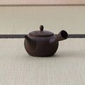 Dark brown kyusu teapot with a carved body, side handle and lid, side view on a tatami mat.