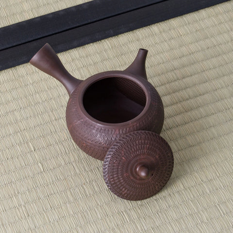 Dark clay kyusu with a side handle, lid removed to show the mesh strainer, on a tatami mat.