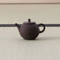 Purple-brown kyusu teapot with a loop handle and lid, side view on a tatami mat.